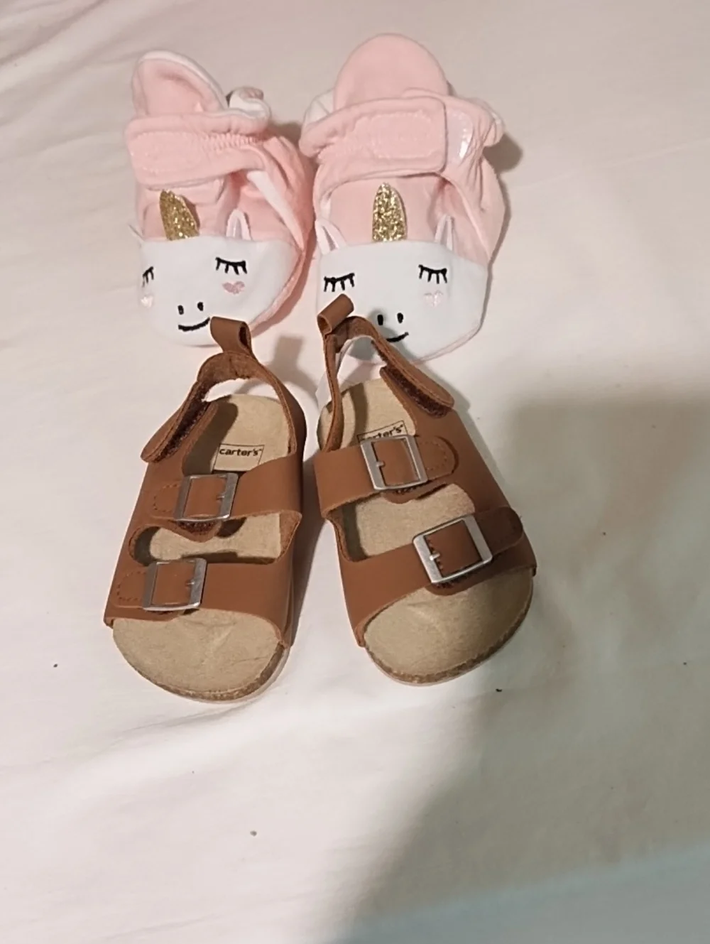 2 Pair Carter's Toddler Brown Buckle Sandals with Pink Unicorn Slippers EUC.